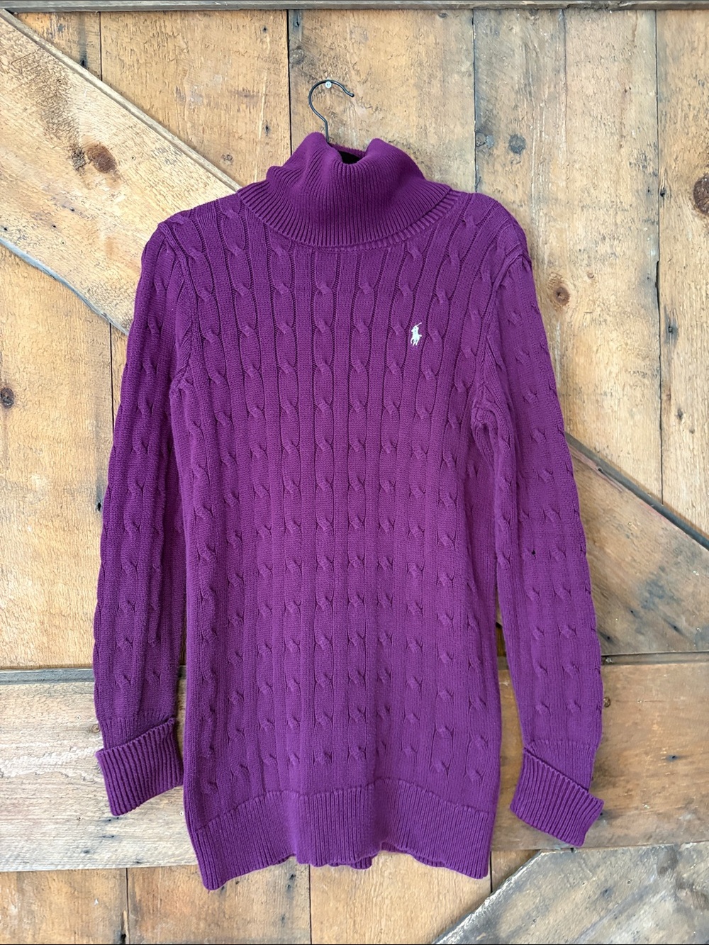 Ralph Lauren Cable-Knit Turtleneck Sweater Dress in Plum